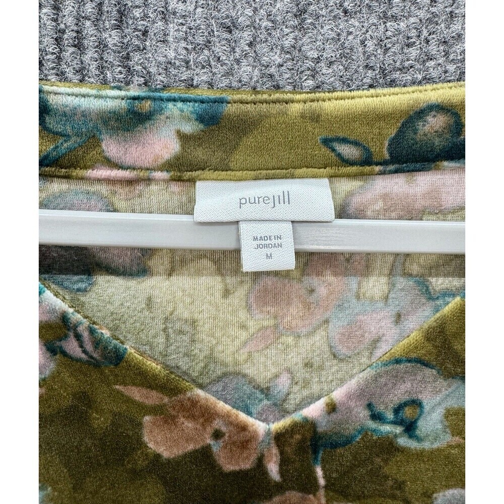 J. Jill Pure Jill Tunic Top Medium Green Floral Velour Velvet V Neck Long Sleeve - Picture 5 of 9